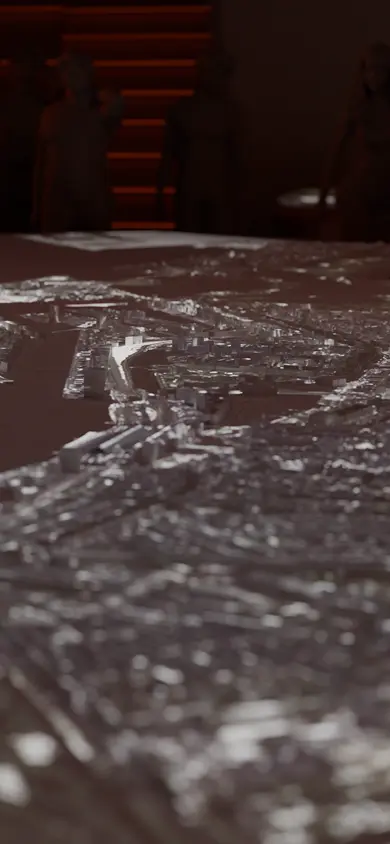 Vier mensen kijken aandachtig naar een gedetailleerd 3D architectuurmodel van een stad, van onderaf verlicht